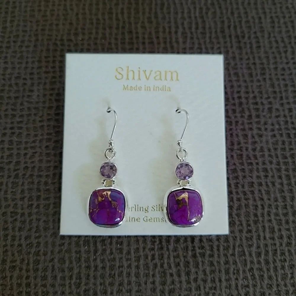 Shivam Square Shaped Purple💜 Copper Turquoise With Gold💛 Veins Earrings